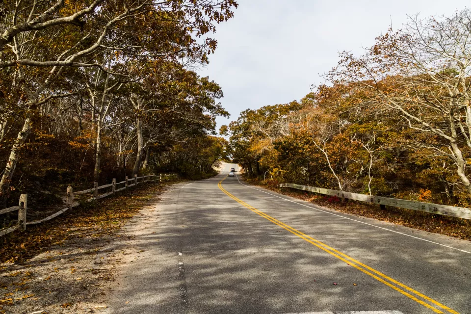 Route 6 highway in Massachusetts with fall trees on either side